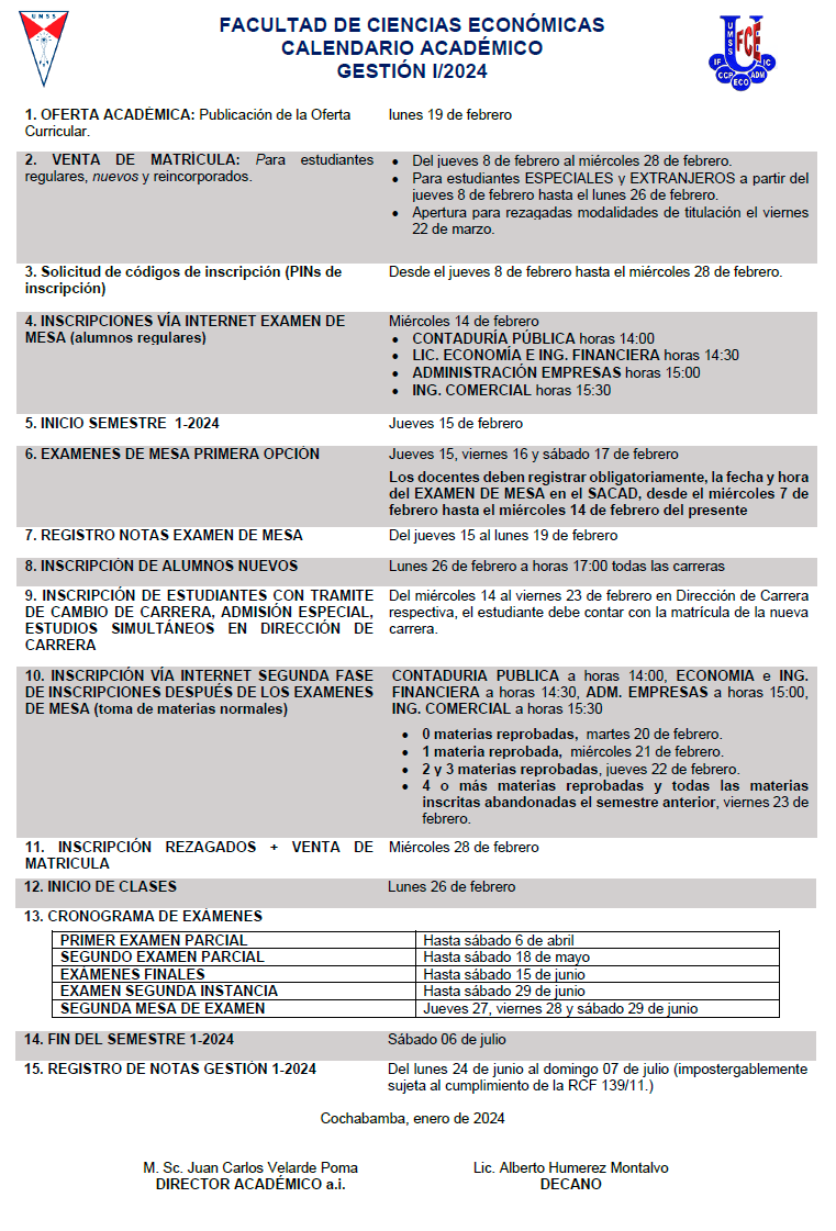 Calendario Académico FCE 1-2024