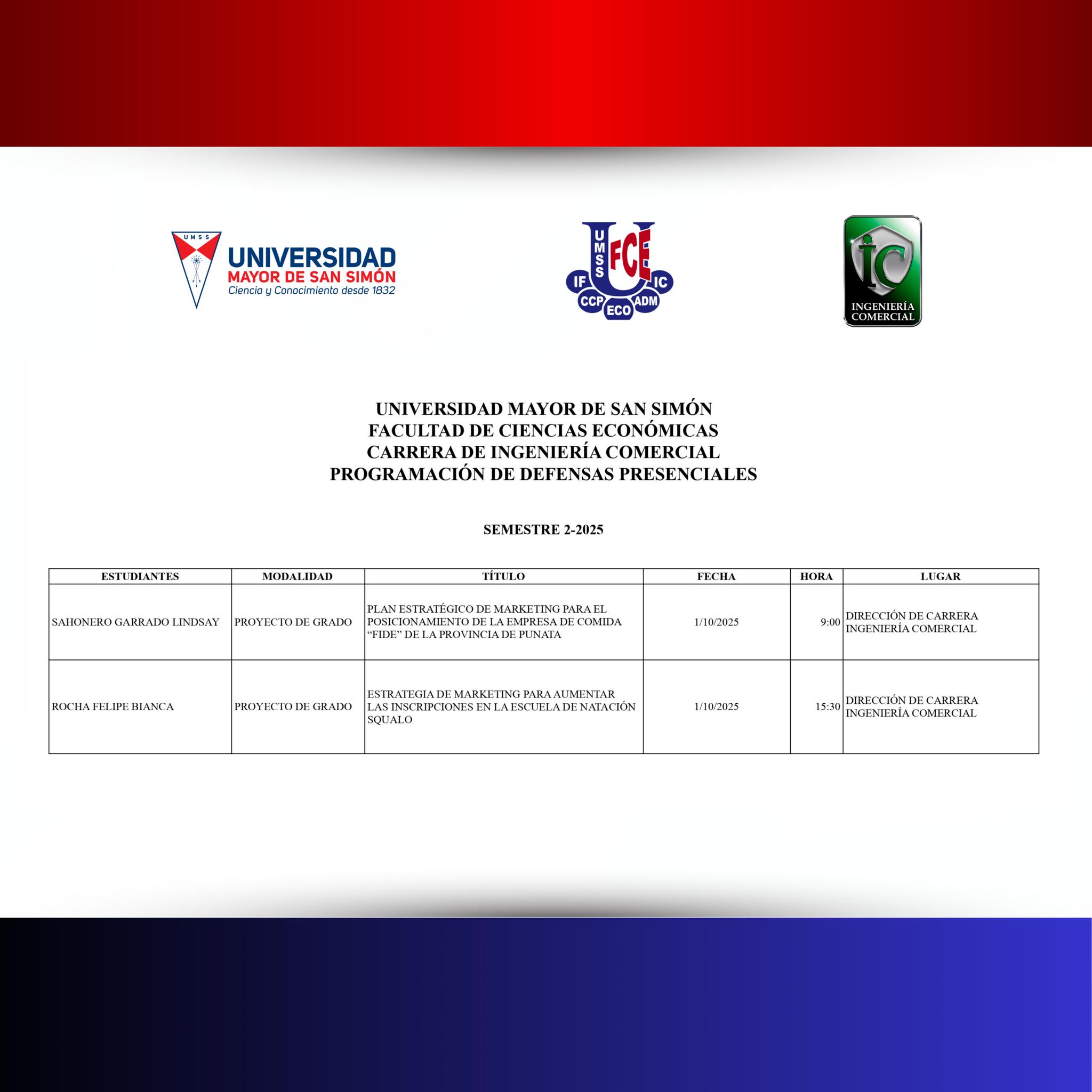 Convocatoria al Examen de Grado II/2025 de la carrera de Administración de Empresas.