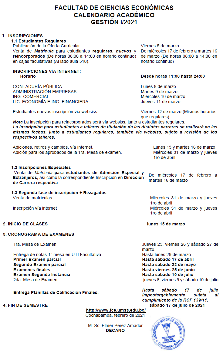 Calendario Académico FCE 1-2021