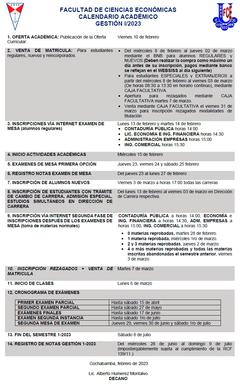Calendario Académico FCE 1-2023