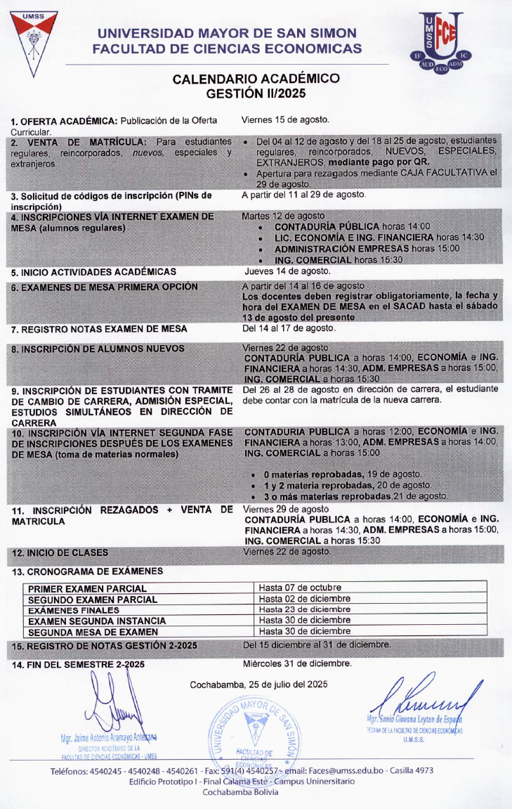 Calendario Académico FCE 2-2025