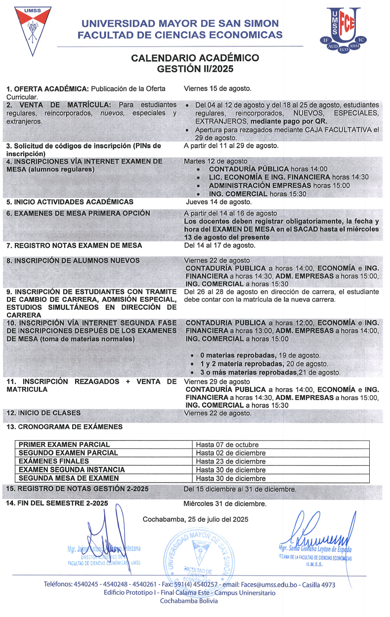 Calendario Académico FCE 2-2025