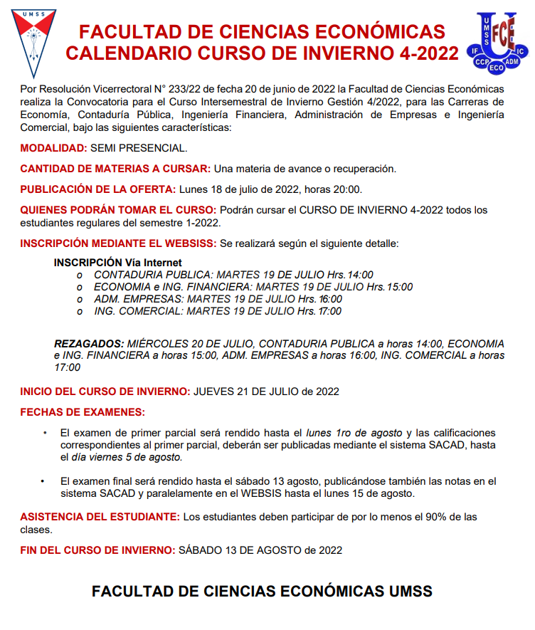 Calendario Curso de Invierno