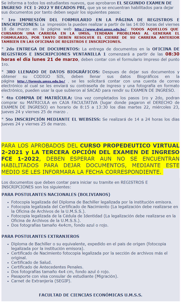 Comunicado - Examen de Ingreso