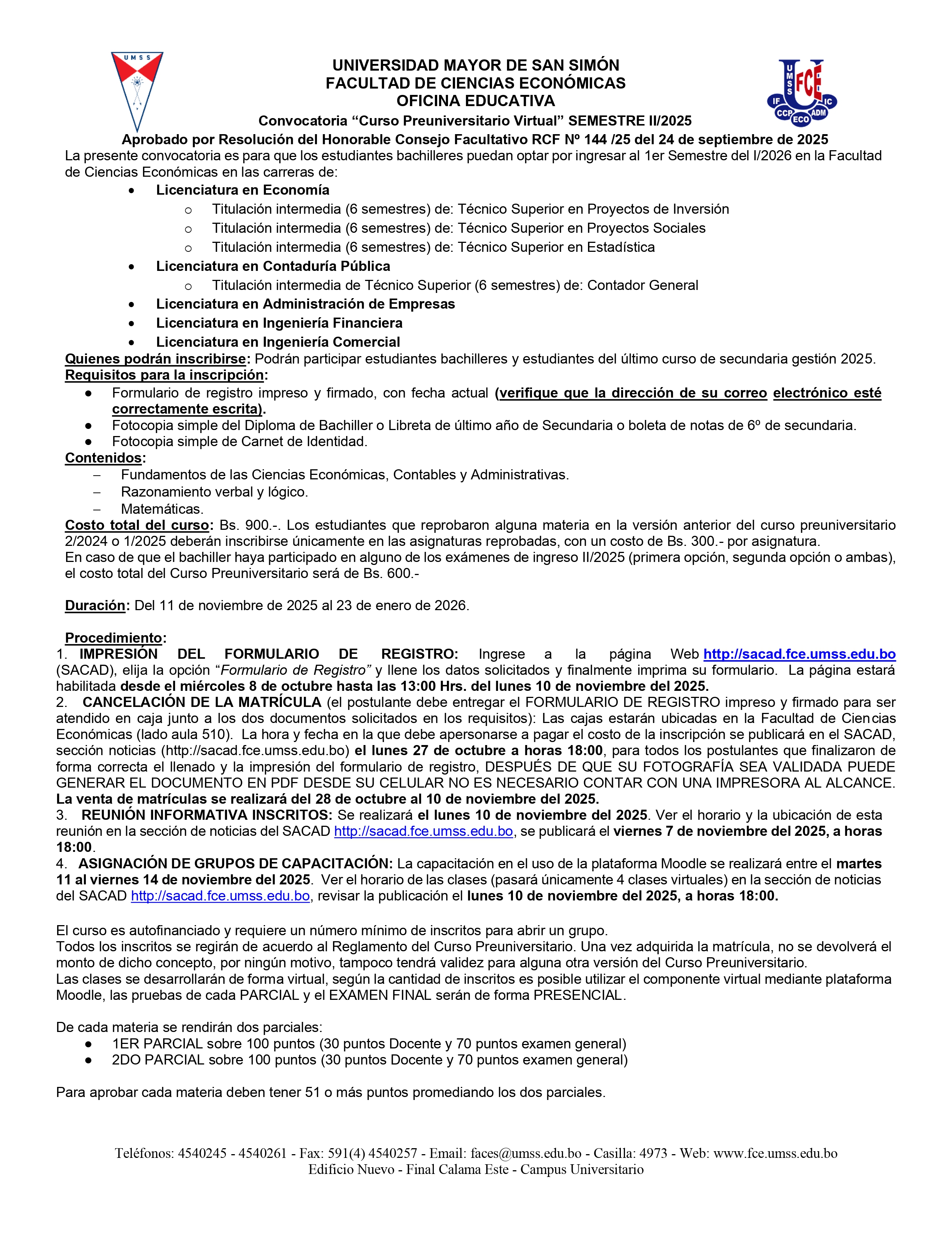 Convocatoria al Examen de Grado II/2025 de la carrera de Administración de Empresas.
