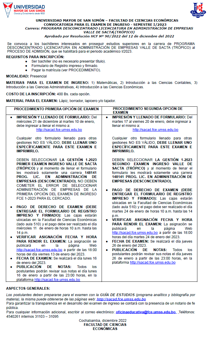 Convocatoria Examen Ingreso Valle Sacta