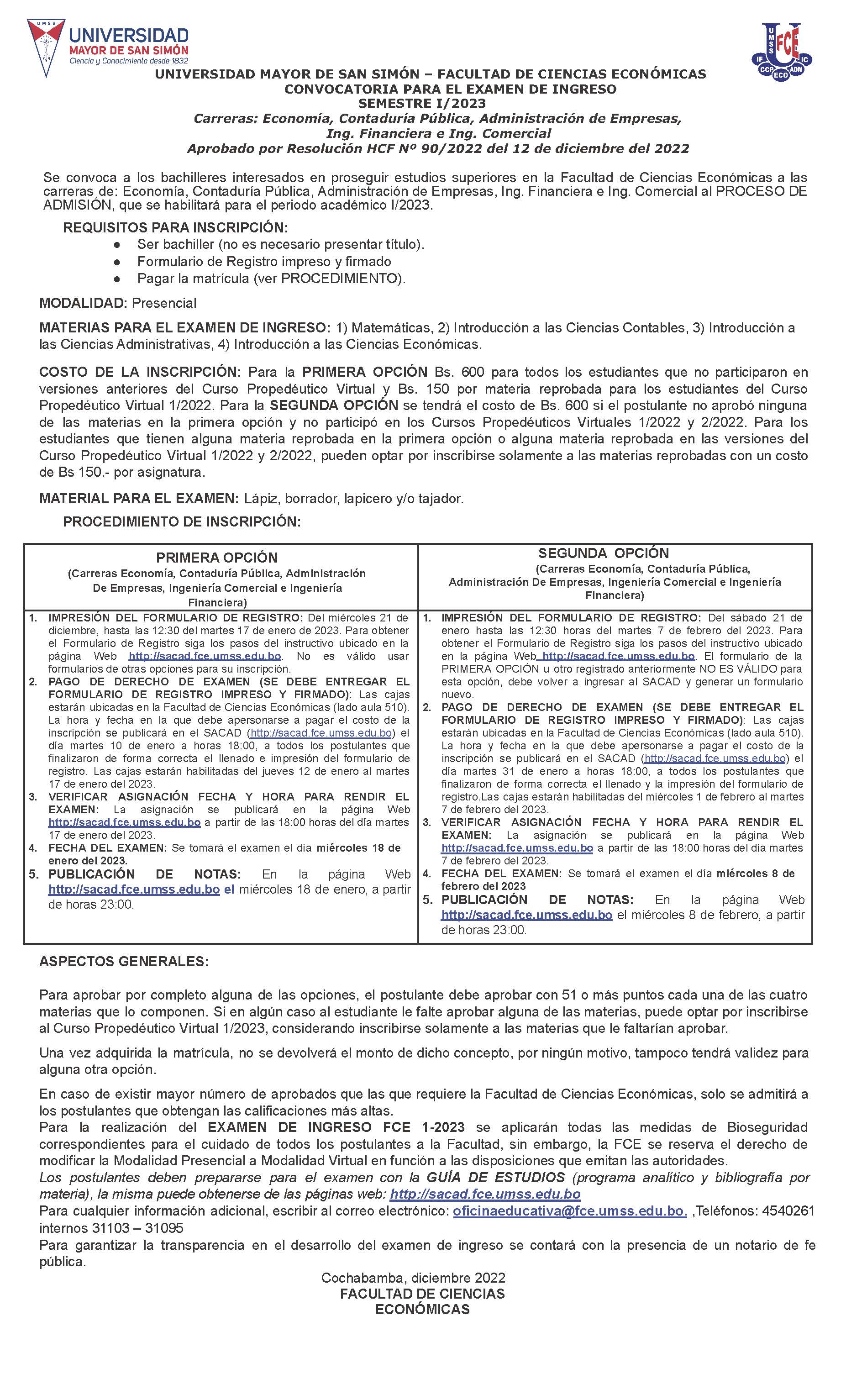 CONVOCATORIA PARA EL EXAMEN DE INGRESO SEMESTRE I/2023