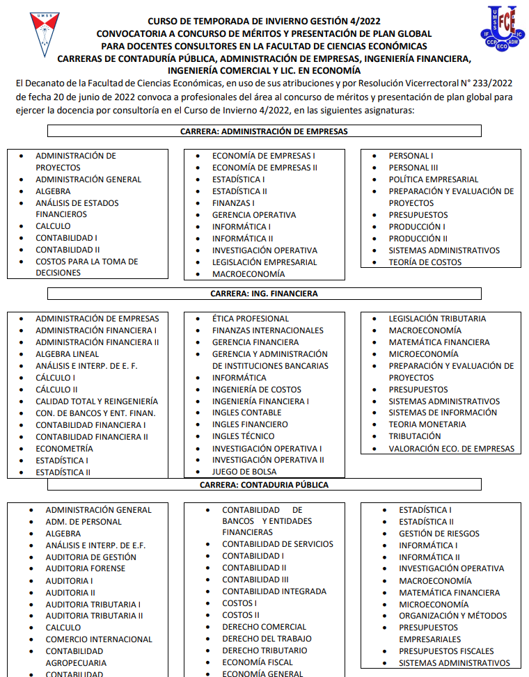 Convocatoria docente INVIERNO FCE 4-2022