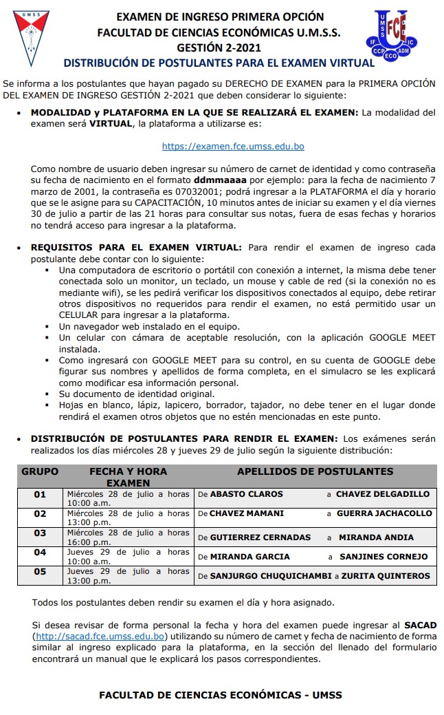 Distribucion Primer Examen Ingreso 2-2021