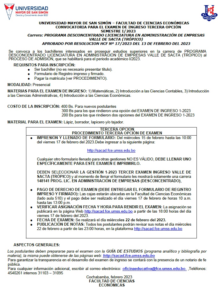 EXAMEN INGRESO - 3º OPCIÓN VALLE SACTA FCE