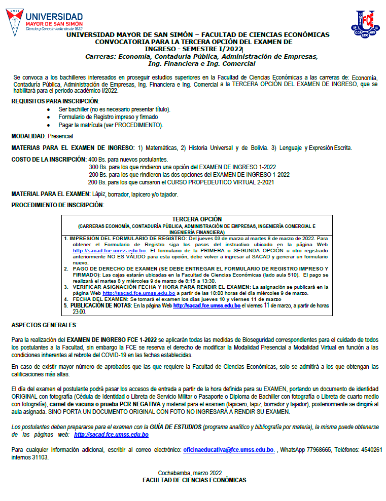 Examen de Ingreso FCE 1-2022 - Tercera Opción