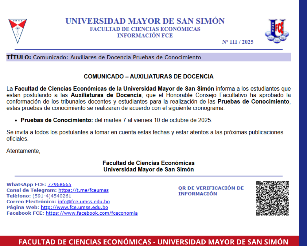 Comunicado Auxiliares de docencia pruebas de conocimiento