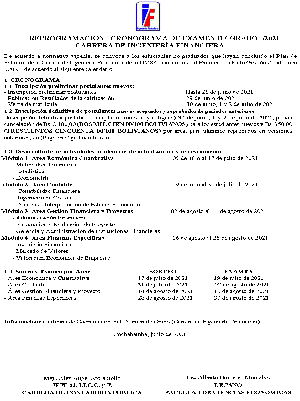 REPROGRAMACION CRONOGRAMA EXAMEN DE GRADO - IF