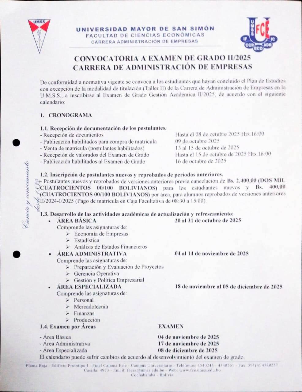 Convocatoria al Examen de Grado II/2025 de la carrera de Administración de Empresas.