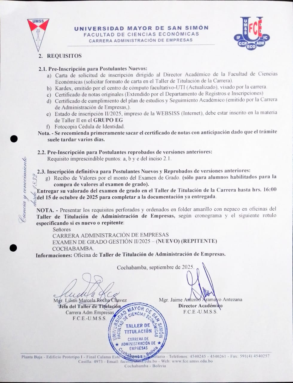 Convocatoria al Examen de Grado II/2025 de la carrera de Administración de Empresas.